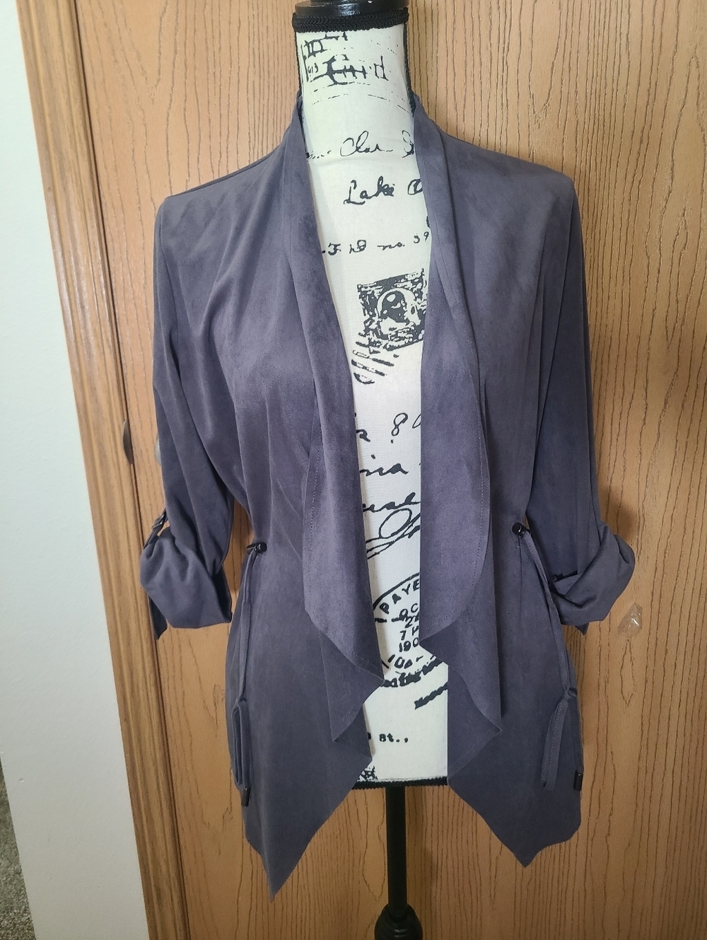 Kut From The Kloth Faux Suede Roll Sleeve Drawstring Open Front Jacket Cardigan